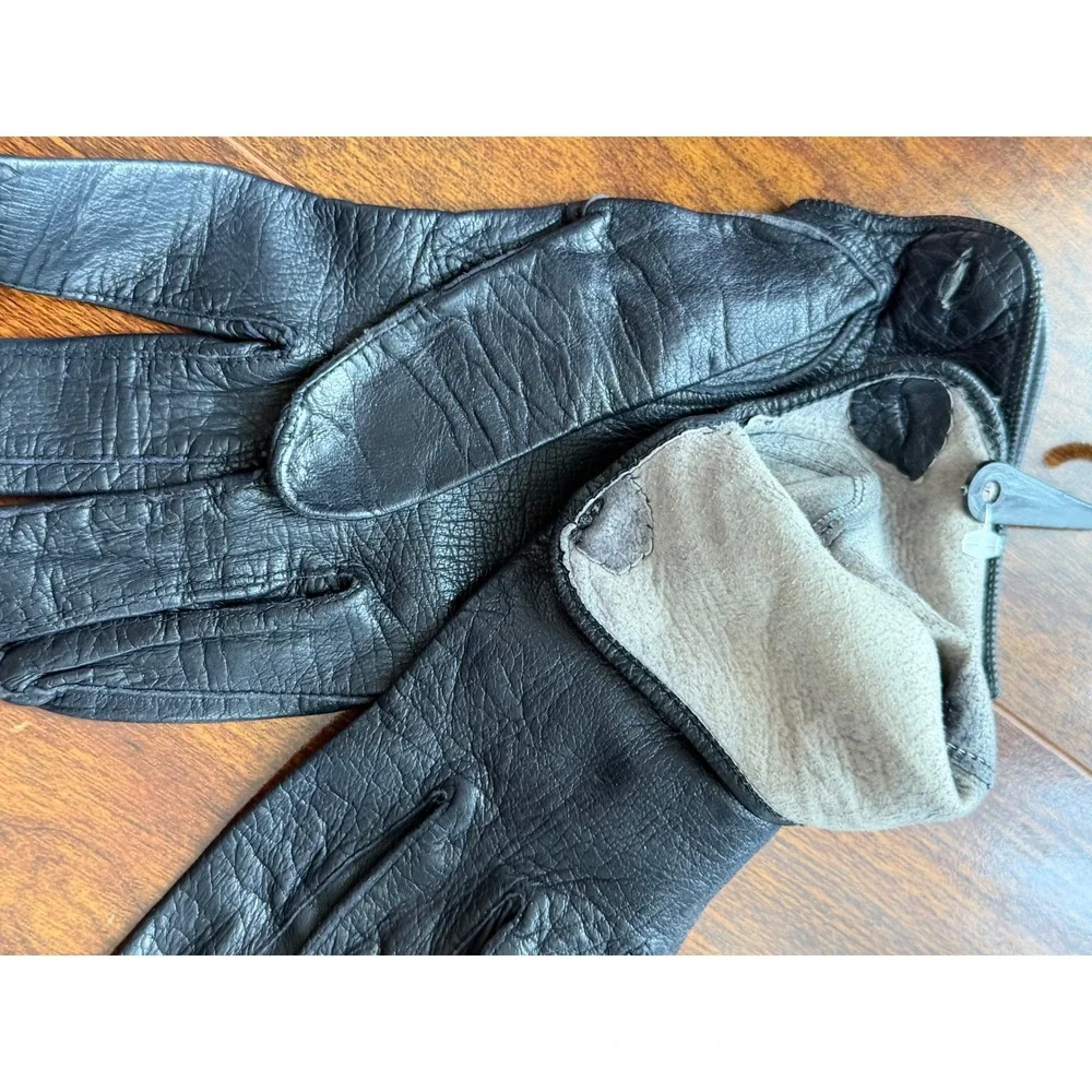 Vintage Black Leather Gloves Women Wrist Length Button Closure Classic Dress